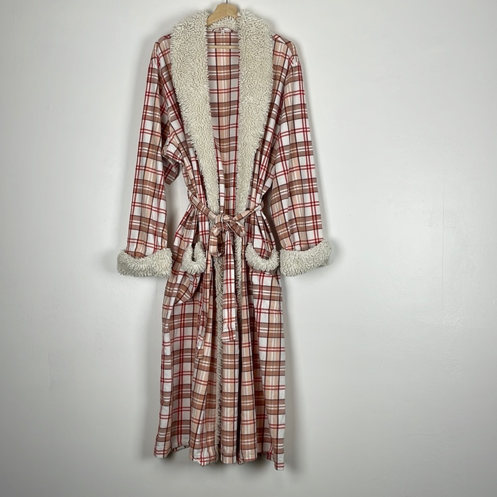 Pottery Barn long sleeve plaid Sherpa long oversized robe with 2 pockets belt OS